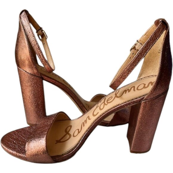Sam Edelman Yaro Ankle Strap Heeled Crinkle Leather Sandals - Copper - 9 - Picture 5 of 14